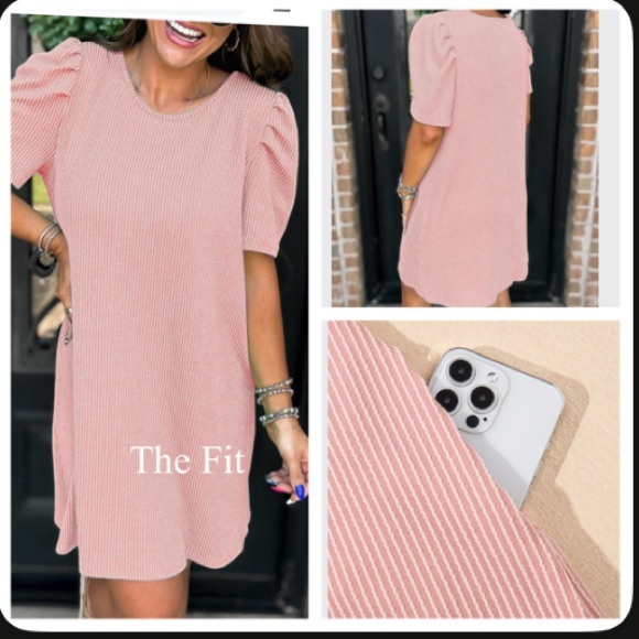 Dresses & Skirts - Blush Pink Ribbed Puff Sleeve Shift Dress